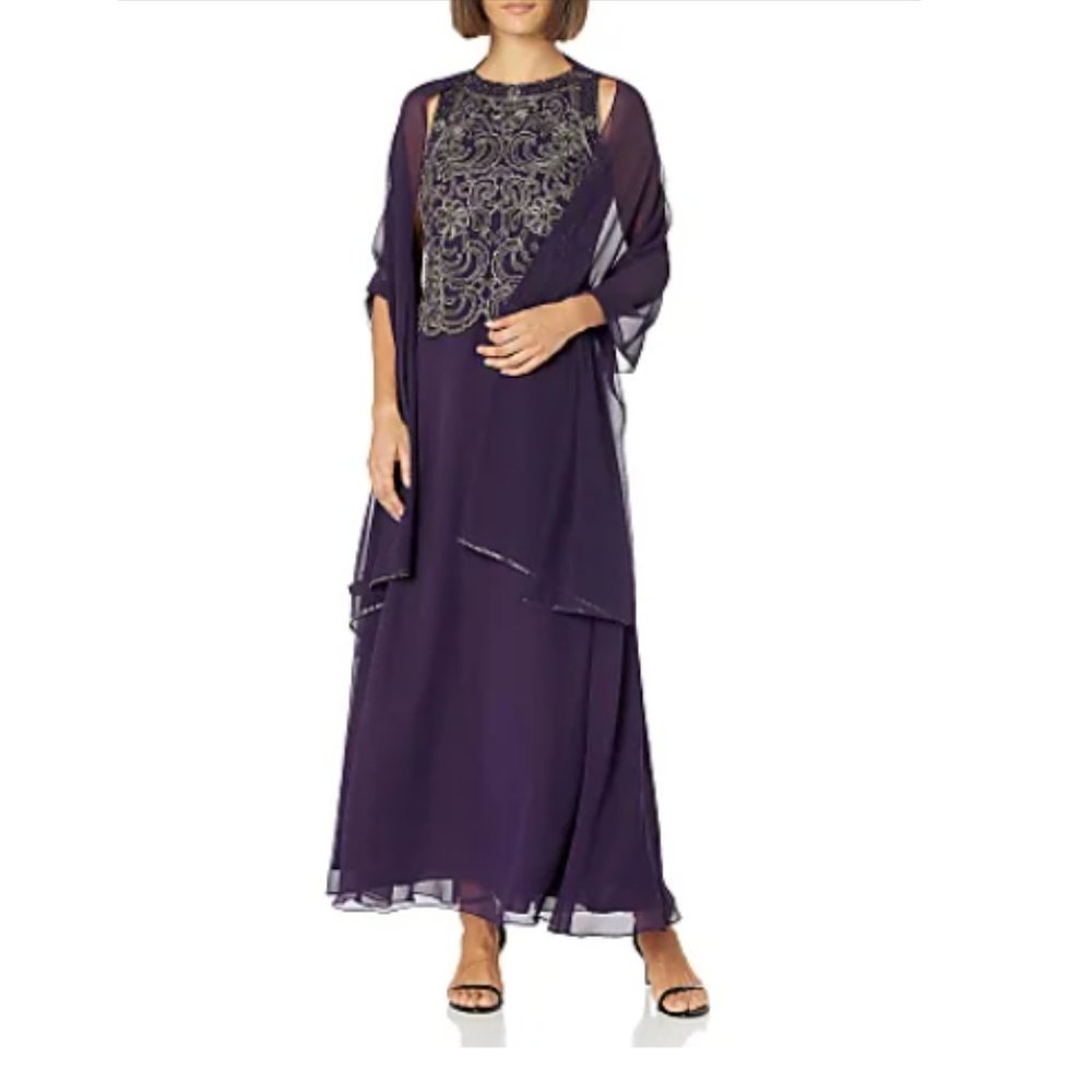 J Kara Women's  Sleeveless Scallop Long Beaded Dress With Scarf Plum 12